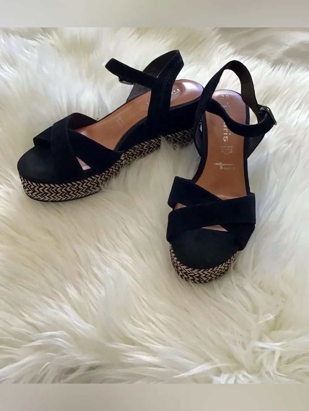 Tamari’s Black Suede Cross-Strap Wedge Sandals